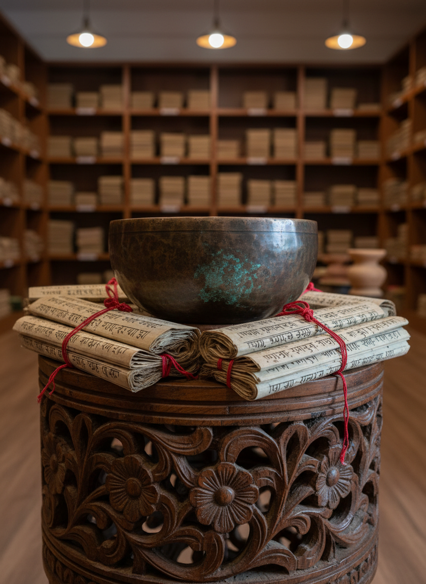 A close-up of an antique, dark copper chanting bowl resting on an intricately carved wooden pedestal, surrounded by carefully arranged palm-leaf manuscripts tied with crimson silk threads. Each manuscript bears hand-drawn black Sanskrit characters and delicate red accent marks indicating Vedic intonation. The background shows floor-to-ceiling teak shelves lined with orderly stacks of sacred texts and simple clay incense holders, slightly out of focus. Warm, diffused pendant lighting from above creates gentle highlights on the copper patina and subtle shadows between the carved motifs. Photographic realism with a slightly elevated angle and shallow depth of field, capturing a refined, scholarly, and contemplative atmosphere that suggests traditional, rigorous study of devotional and Vedic chanting.
