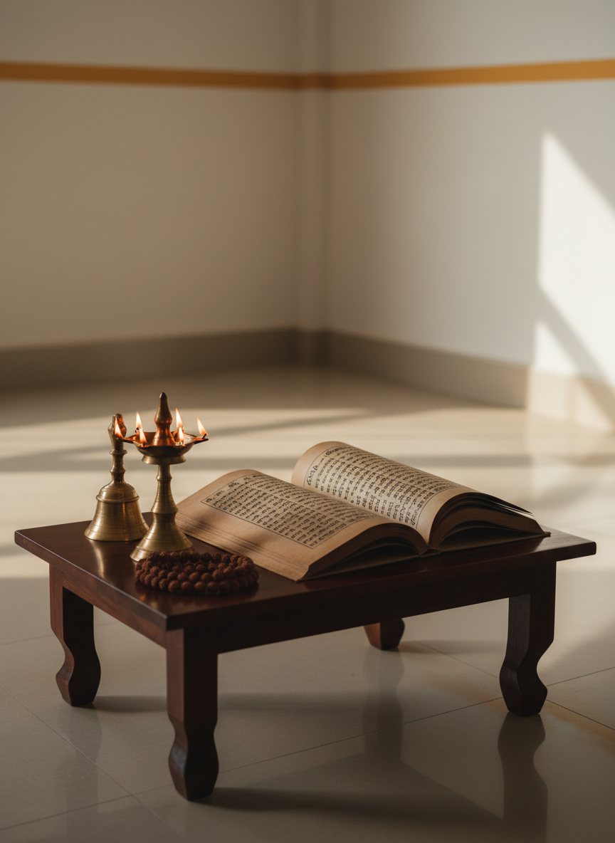 A meticulously arranged wooden altar table of dark polished rosewood, holding a single open palm-leaf style manuscript with finely inked Sanskrit verses in Devanagari script. Beside it, a small bronze oil lamp with five wicks burns steadily, its golden flames reflected in a smooth brass bell and a neatly coiled rudrākṣa mālā. The scene is set in a quiet, minimal room with creamy off-white walls and a subtle ochre border. Late afternoon natural light enters from an unseen side window, casting long, elegant shadows and a gentle glow on the script. Photographic realism, eye-level composition, with a shallow depth of field that keeps the altar in sharp focus and the background in soft, sophisticated blur, evoking serenity and disciplined devotion.