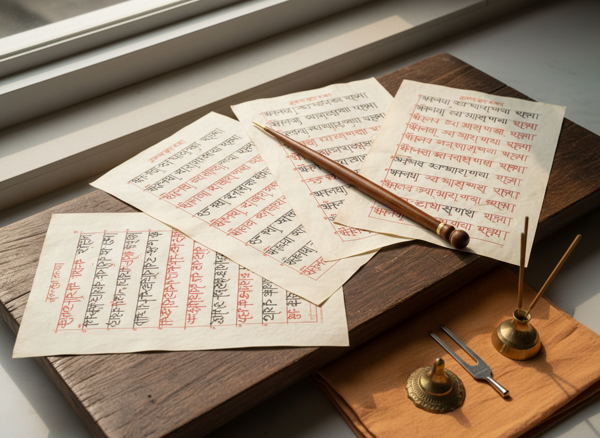 A perfectly aligned set of four cream-colored parchment sheets placed in a fan-like arrangement on a low, dark-stained wooden platform, each sheet printed with large, clear Devanagari script and precise svara notations in red and black for Vedic chanting. A slender, handcrafted wooden pointer rests across the top sheet, its polished surface catching light. Around the platform lie a simple cotton cloth in muted saffron, a small brass incense holder with a single unlit stick, and a discreetly placed tuning fork. Soft, diffused daylight filters in from above, as if through a skylight, creating even illumination and subtle shadows that highlight the paper texture and ink details. Photographic realism, shot from a slightly elevated, three-quarter angle, with crisp focus throughout, conveying an atmosphere of meticulous, traditional instruction.